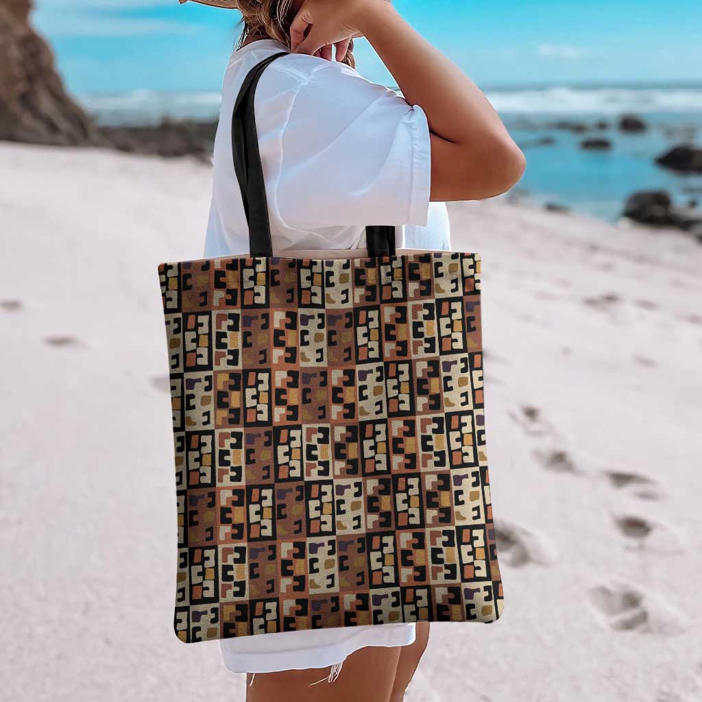 Kuba Flow Tote Bag with Geometric Tribal Blocks and Earth-Tone Mosaic Design - Wonder Print Shop