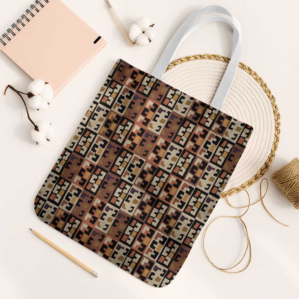 Kuba Flow Tote Bag with Geometric Tribal Blocks and Earth-Tone Mosaic Design - Wonder Print Shop