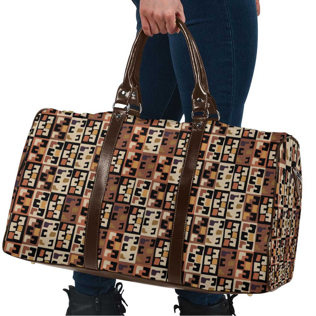 Kuba Flow Travel Bag with Geometric Tribal Blocks and Earth-Tone Mosaic Design - Wonder Print Shop