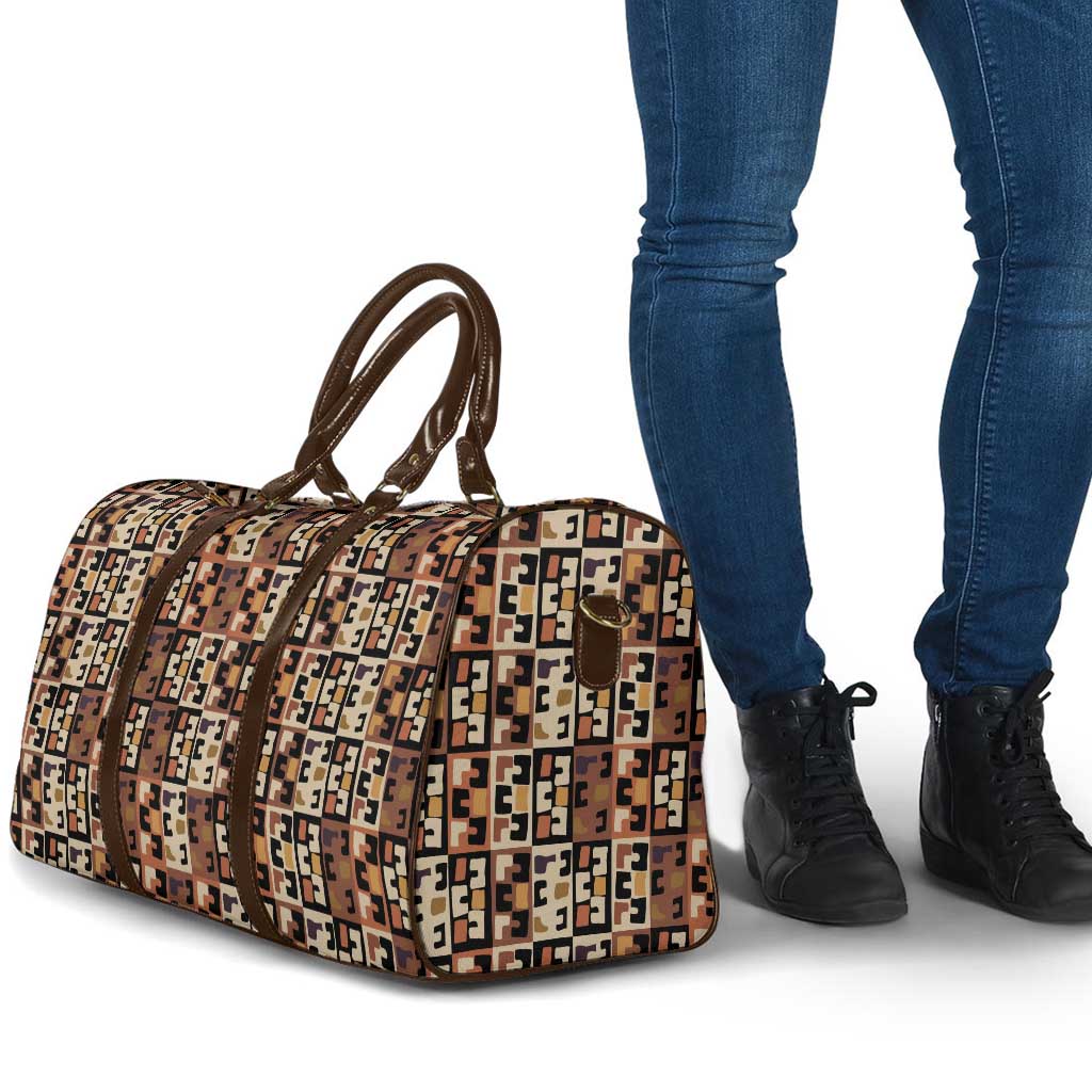 Kuba Flow Travel Bag with Geometric Tribal Blocks and Earth-Tone Mosaic Design - Wonder Print Shop