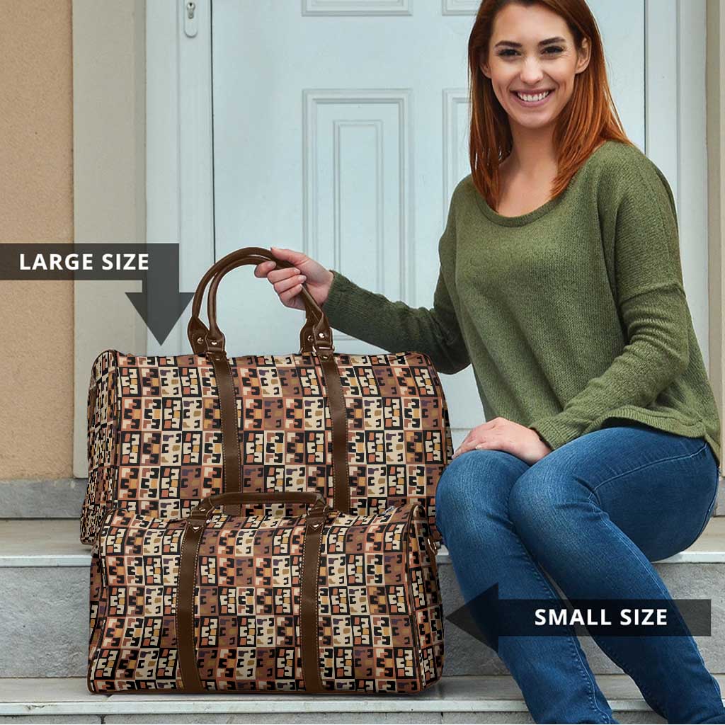 Kuba Flow Travel Bag with Geometric Tribal Blocks and Earth-Tone Mosaic Design - Wonder Print Shop