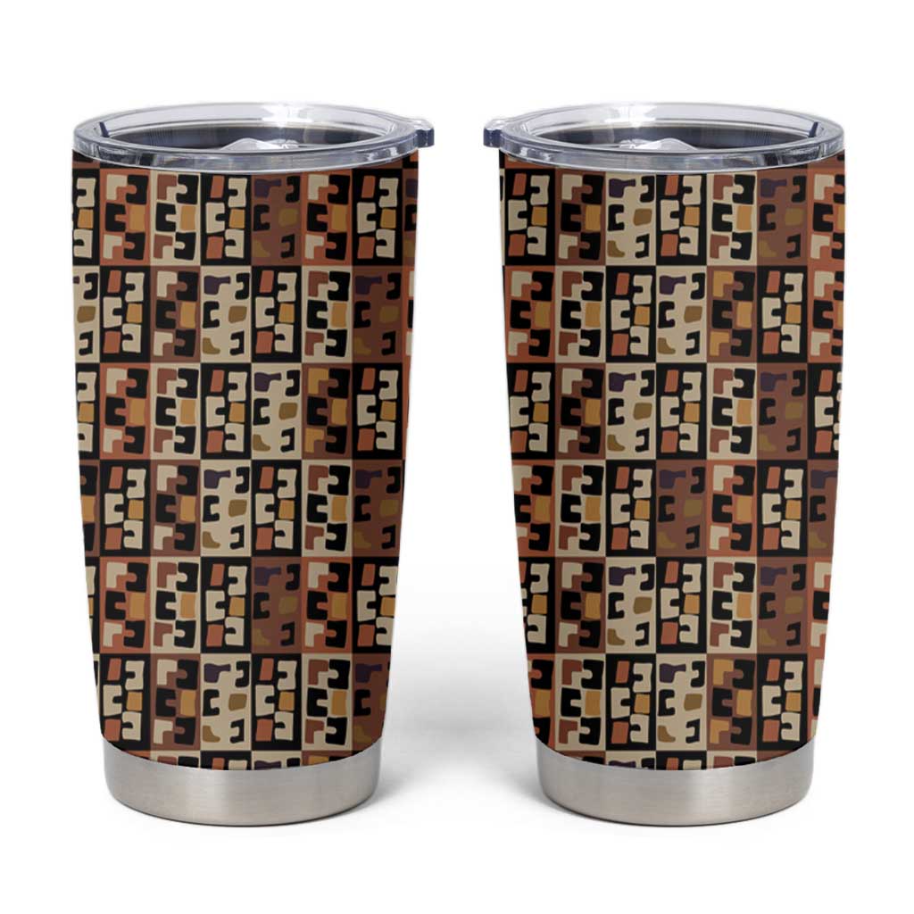 Kuba Flow Tumbler Cup with Geometric Tribal Blocks and Earth-Tone Mosaic Design - Wonder Print Shop