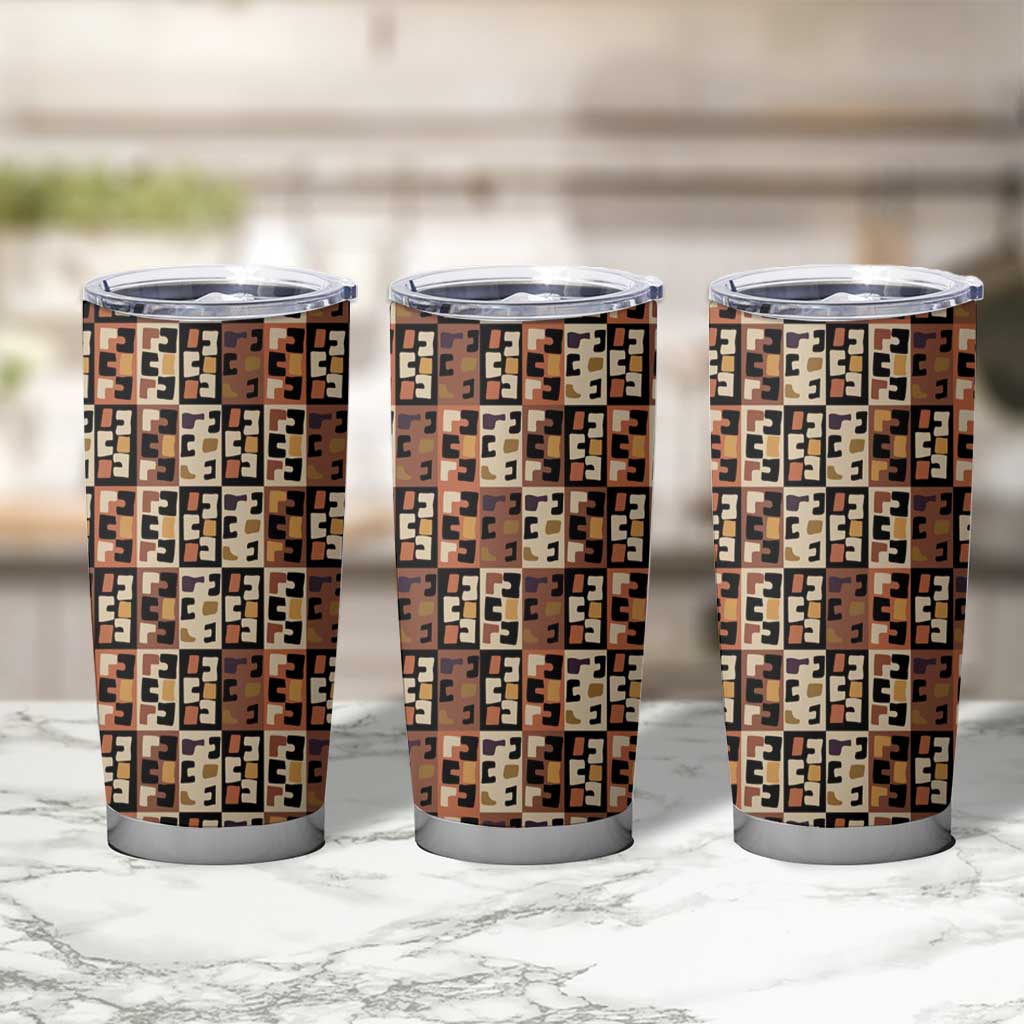 Kuba Flow Tumbler Cup with Geometric Tribal Blocks and Earth-Tone Mosaic Design - Wonder Print Shop