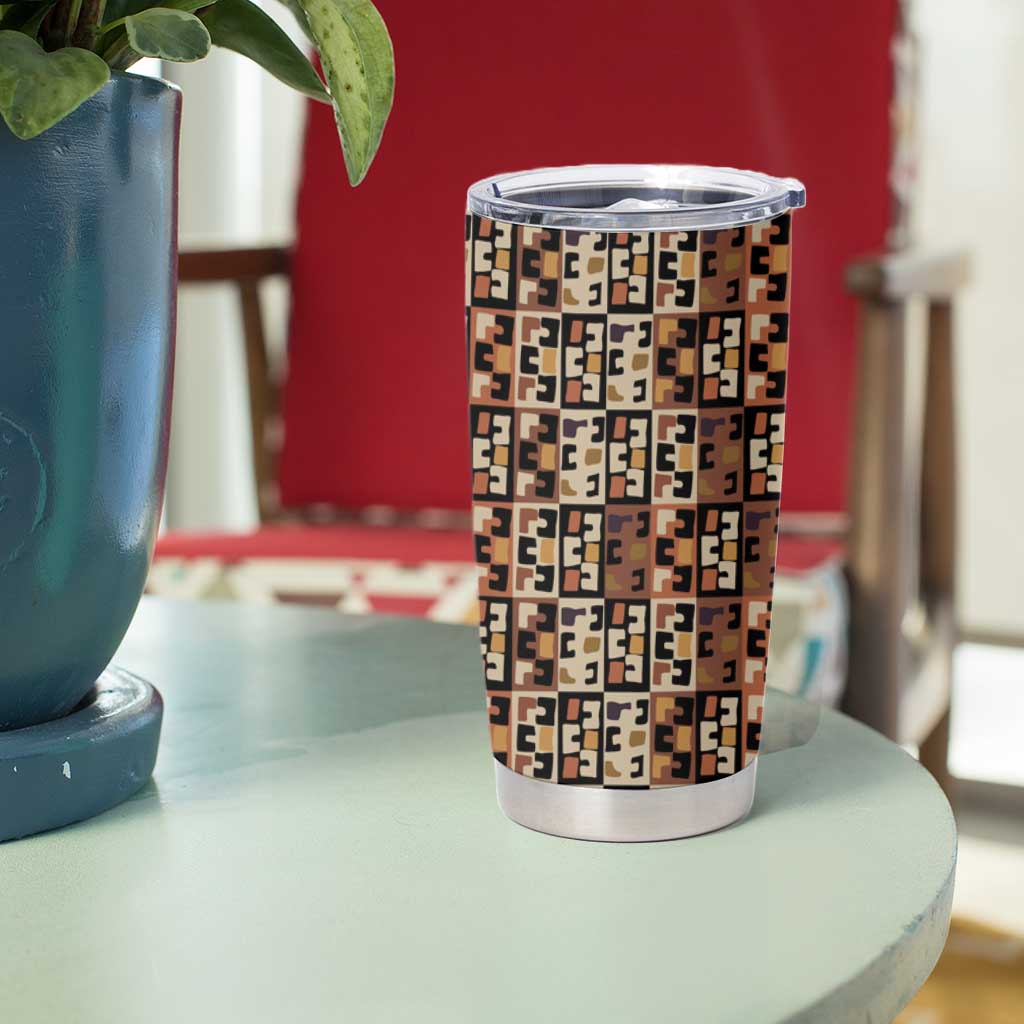 Kuba Flow Tumbler Cup with Geometric Tribal Blocks and Earth-Tone Mosaic Design - Wonder Print Shop