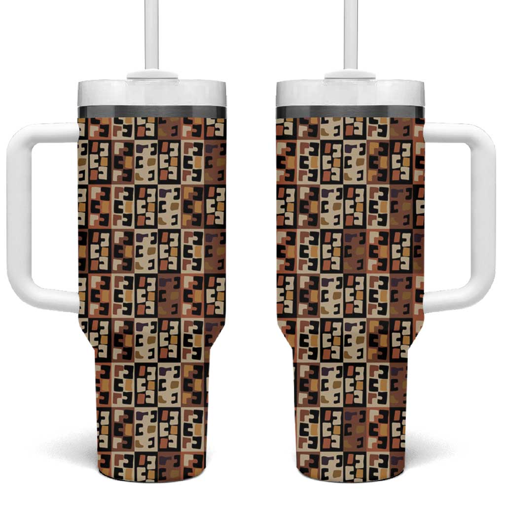 Kuba Flow Tumbler With Handle with Geometric Tribal Blocks and Earth-Tone Mosaic Design - Wonder Print Shop