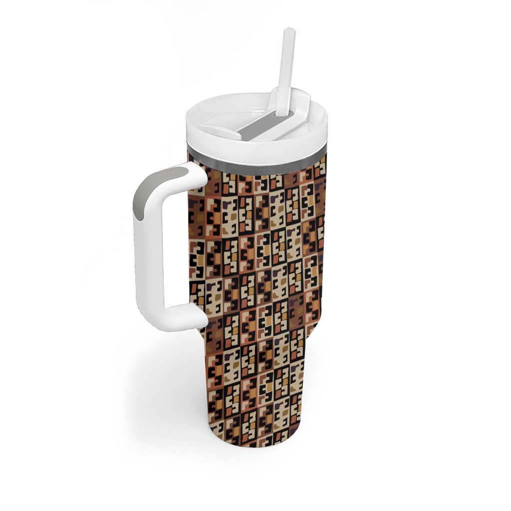 Kuba Flow Tumbler With Handle with Geometric Tribal Blocks and Earth-Tone Mosaic Design - Wonder Print Shop