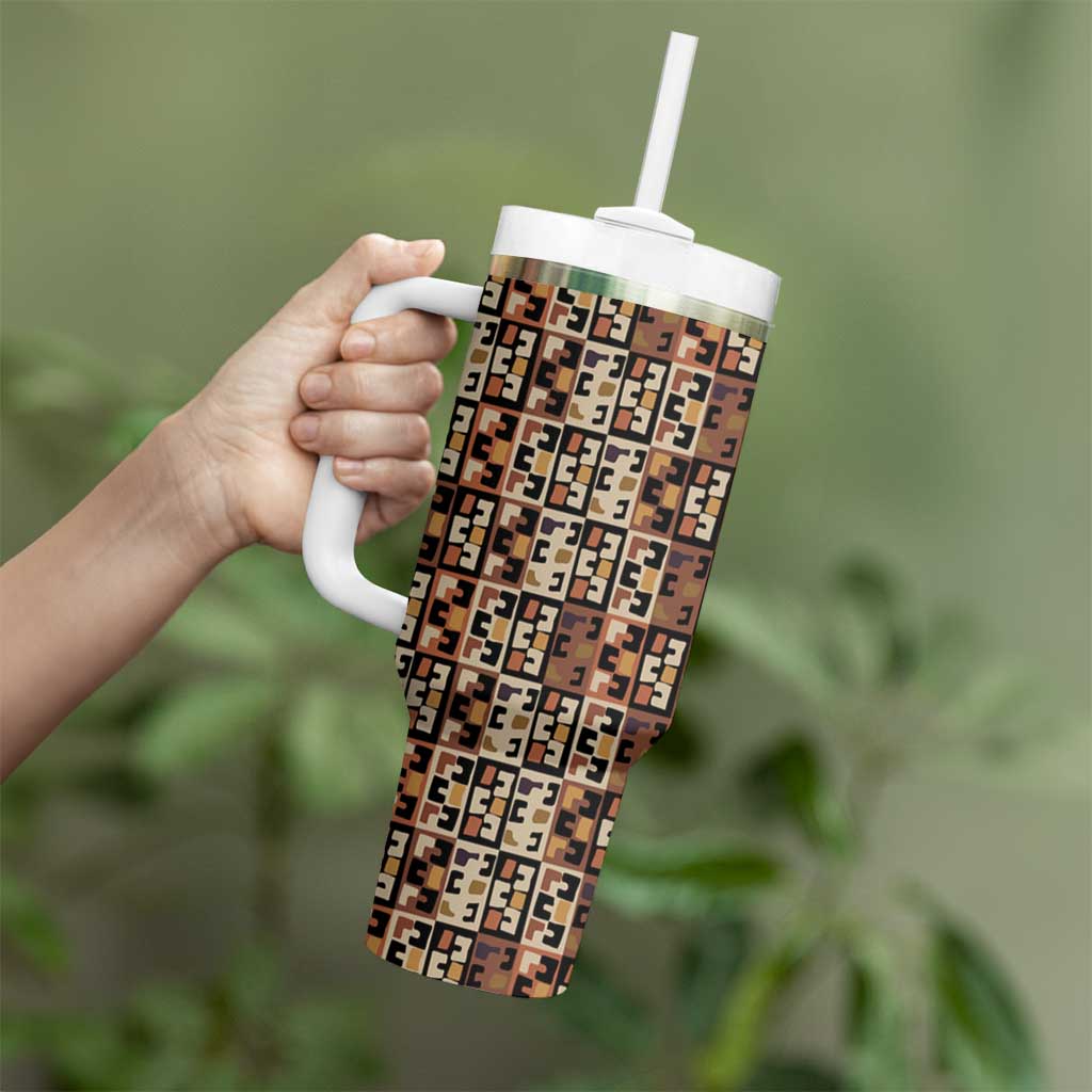 Kuba Flow Tumbler With Handle with Geometric Tribal Blocks and Earth-Tone Mosaic Design - Wonder Print Shop