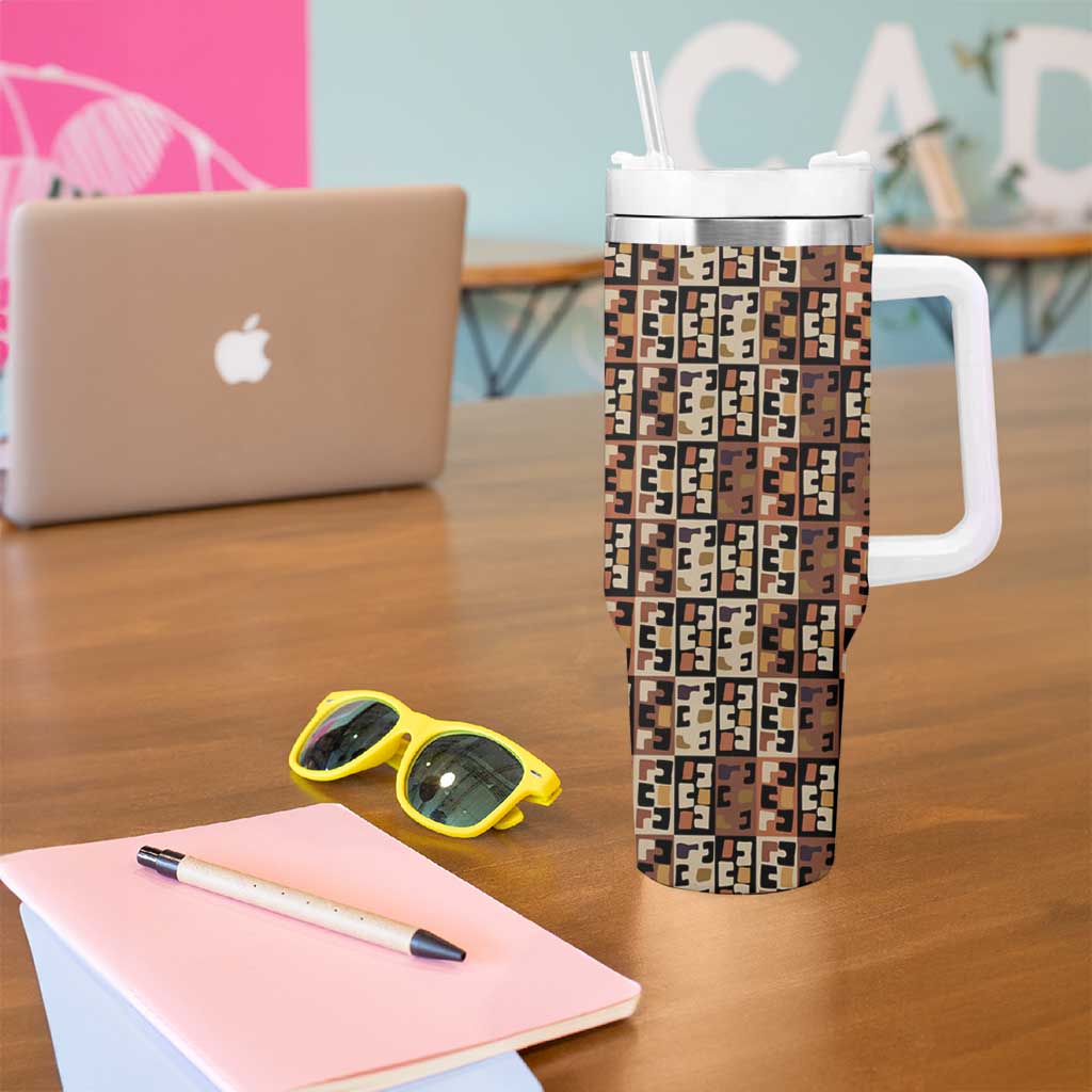 Kuba Flow Tumbler With Handle with Geometric Tribal Blocks and Earth-Tone Mosaic Design - Wonder Print Shop