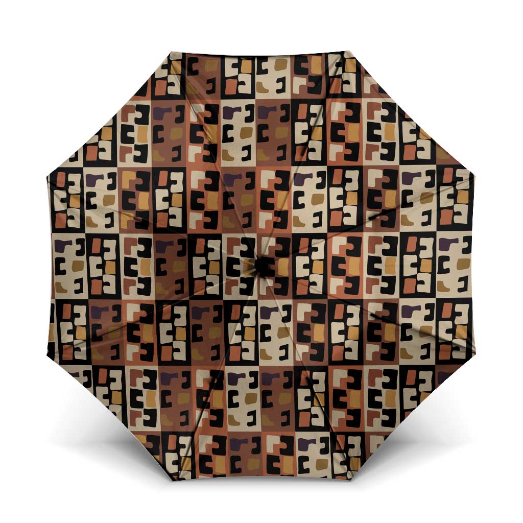 Kuba Flow Umbrella with Geometric Tribal Blocks and Earth-Tone Mosaic Design - Wonder Print Shop