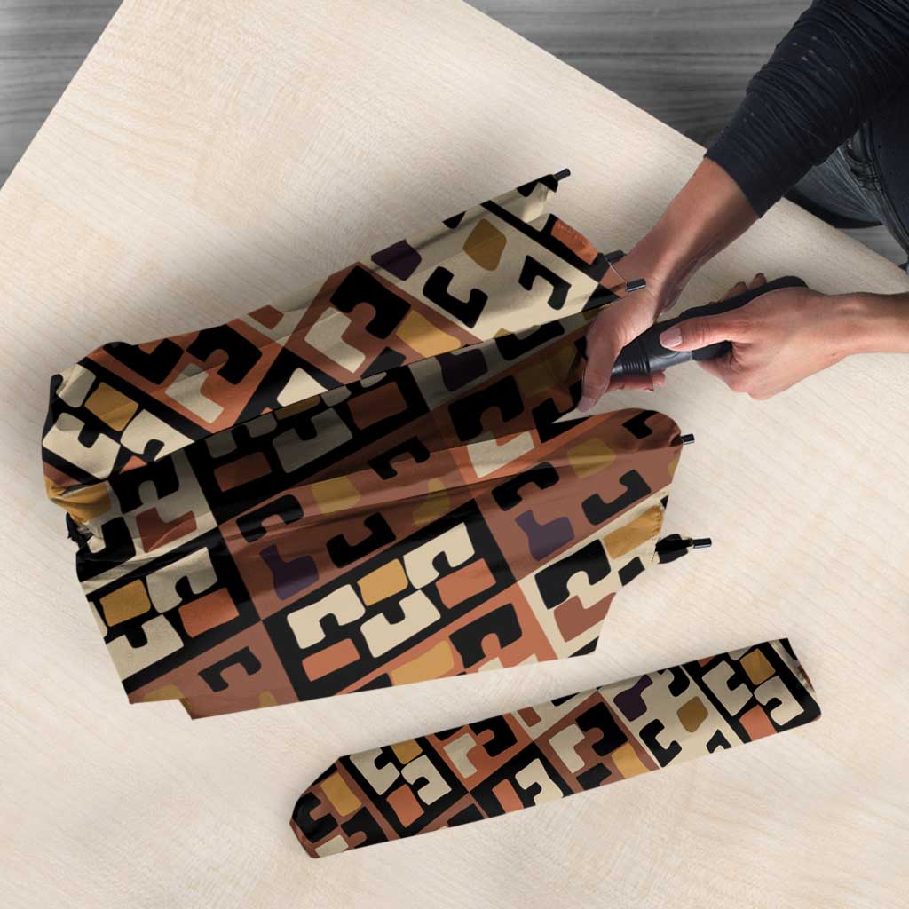 Kuba Flow Umbrella with Geometric Tribal Blocks and Earth-Tone Mosaic Design - Wonder Print Shop