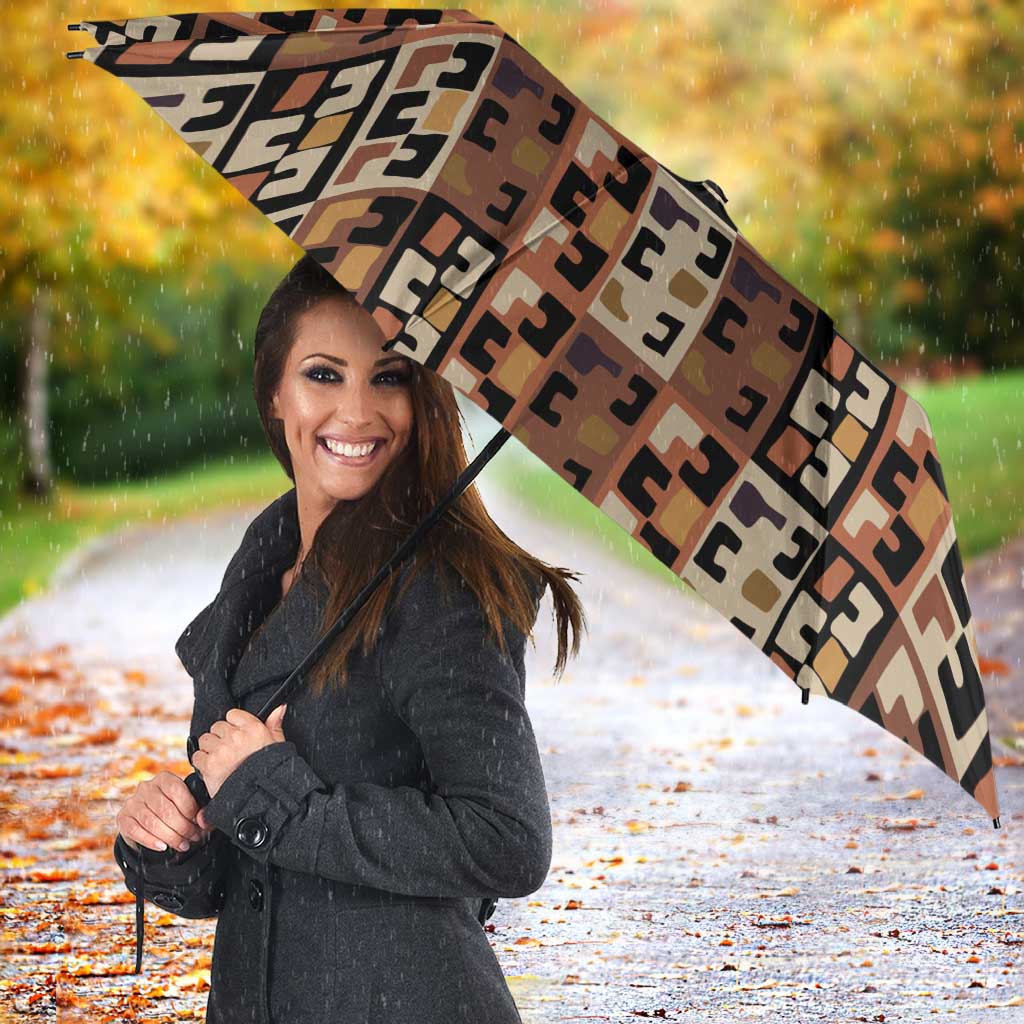 Kuba Flow Umbrella with Geometric Tribal Blocks and Earth-Tone Mosaic Design - Wonder Print Shop