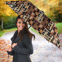 Kuba Flow Umbrella with Geometric Tribal Blocks and Earth-Tone Mosaic Design - Wonder Print Shop
