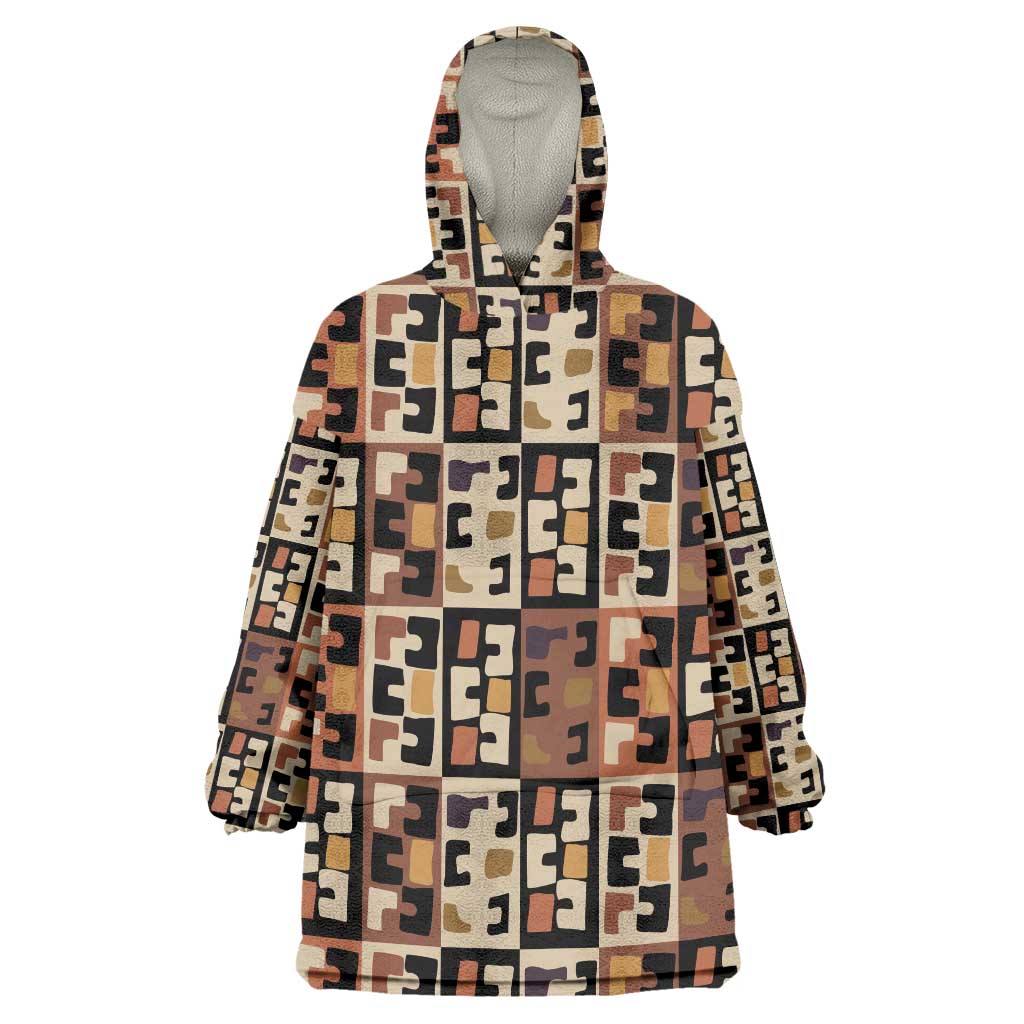 Kuba Flow Wearable Blanket Hoodie with Geometric Tribal Blocks and Earth-Tone Mosaic Design - Wonder Print Shop