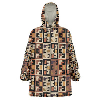 Kuba Flow Wearable Blanket Hoodie with Geometric Tribal Blocks and Earth-Tone Mosaic Design - Wonder Print Shop