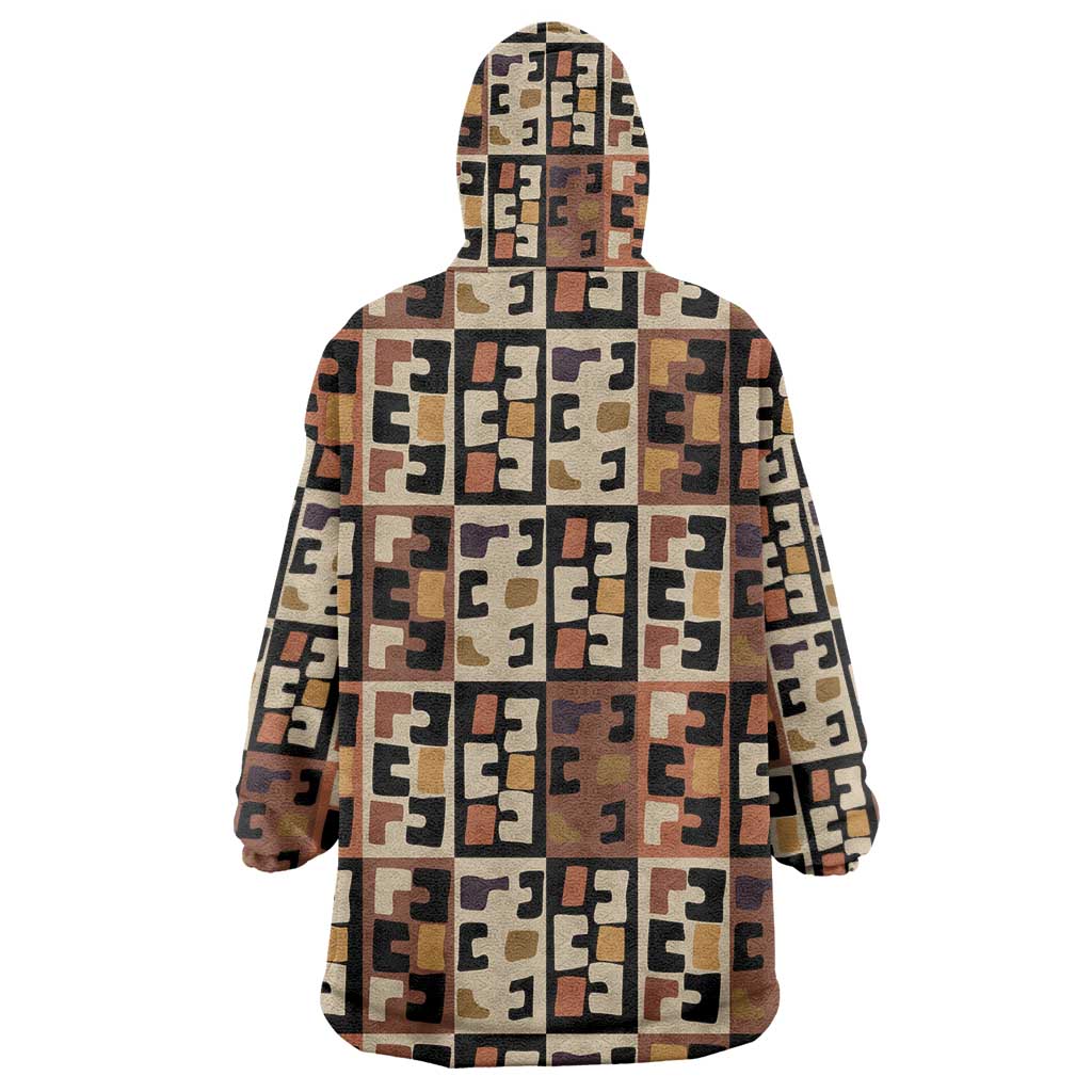 Kuba Flow Wearable Blanket Hoodie with Geometric Tribal Blocks and Earth-Tone Mosaic Design - Wonder Print Shop