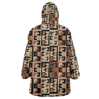 Kuba Flow Wearable Blanket Hoodie with Geometric Tribal Blocks and Earth-Tone Mosaic Design - Wonder Print Shop