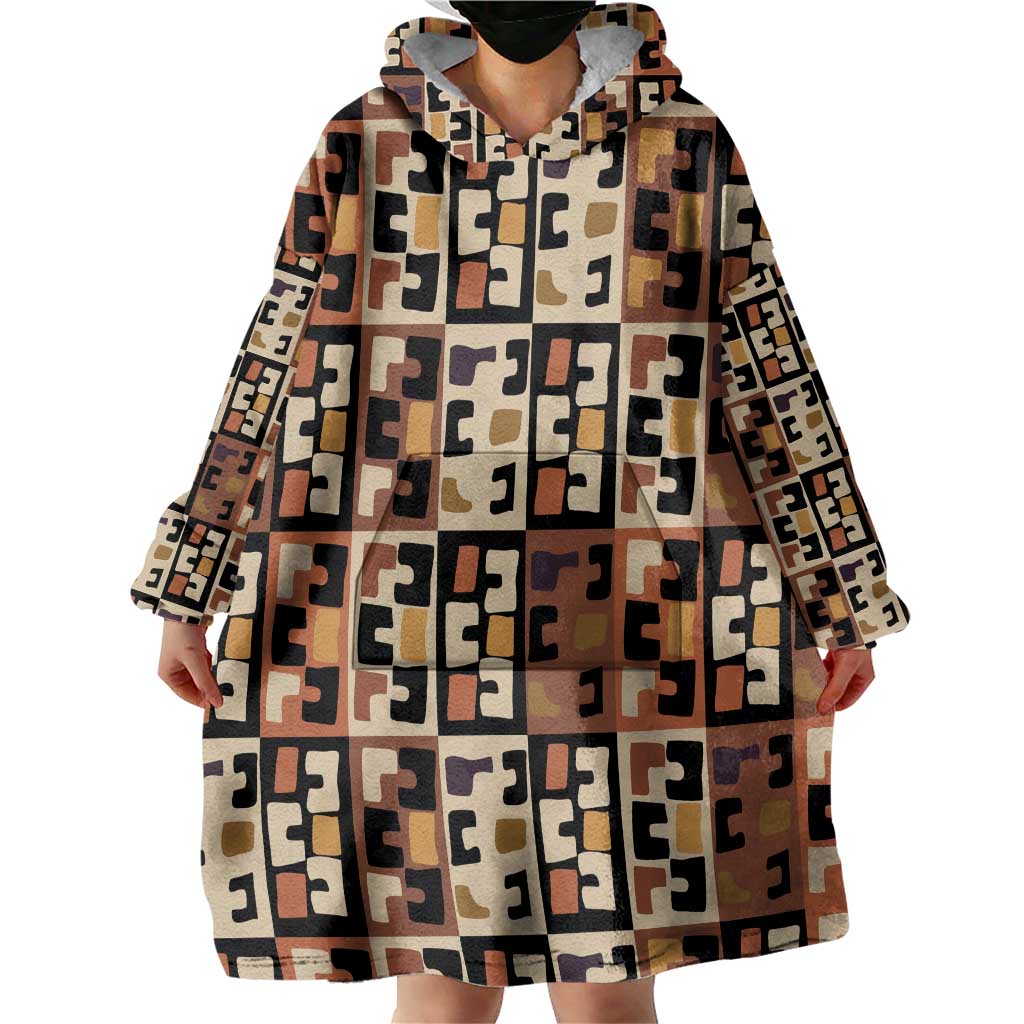 Kuba Flow Wearable Blanket Hoodie with Geometric Tribal Blocks and Earth-Tone Mosaic Design - Wonder Print Shop