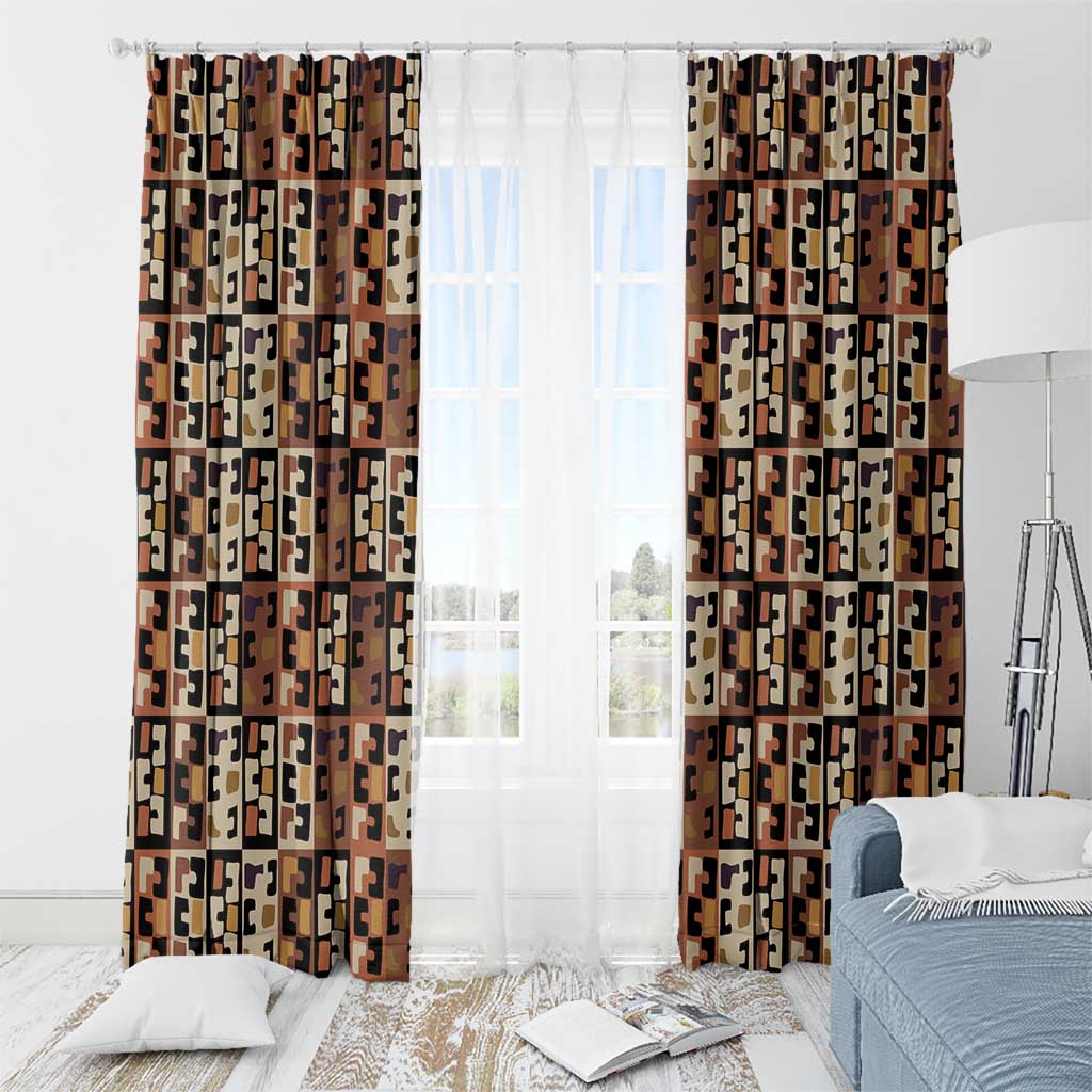 Kuba Flow Window Curtain with Geometric Tribal Blocks and Earth-Tone Mosaic Design - Wonder Print Shop