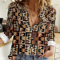 Kuba Flow Women Casual Shirt with Geometric Tribal Blocks and Earth-Tone Mosaic Design - Wonder Print Shop
