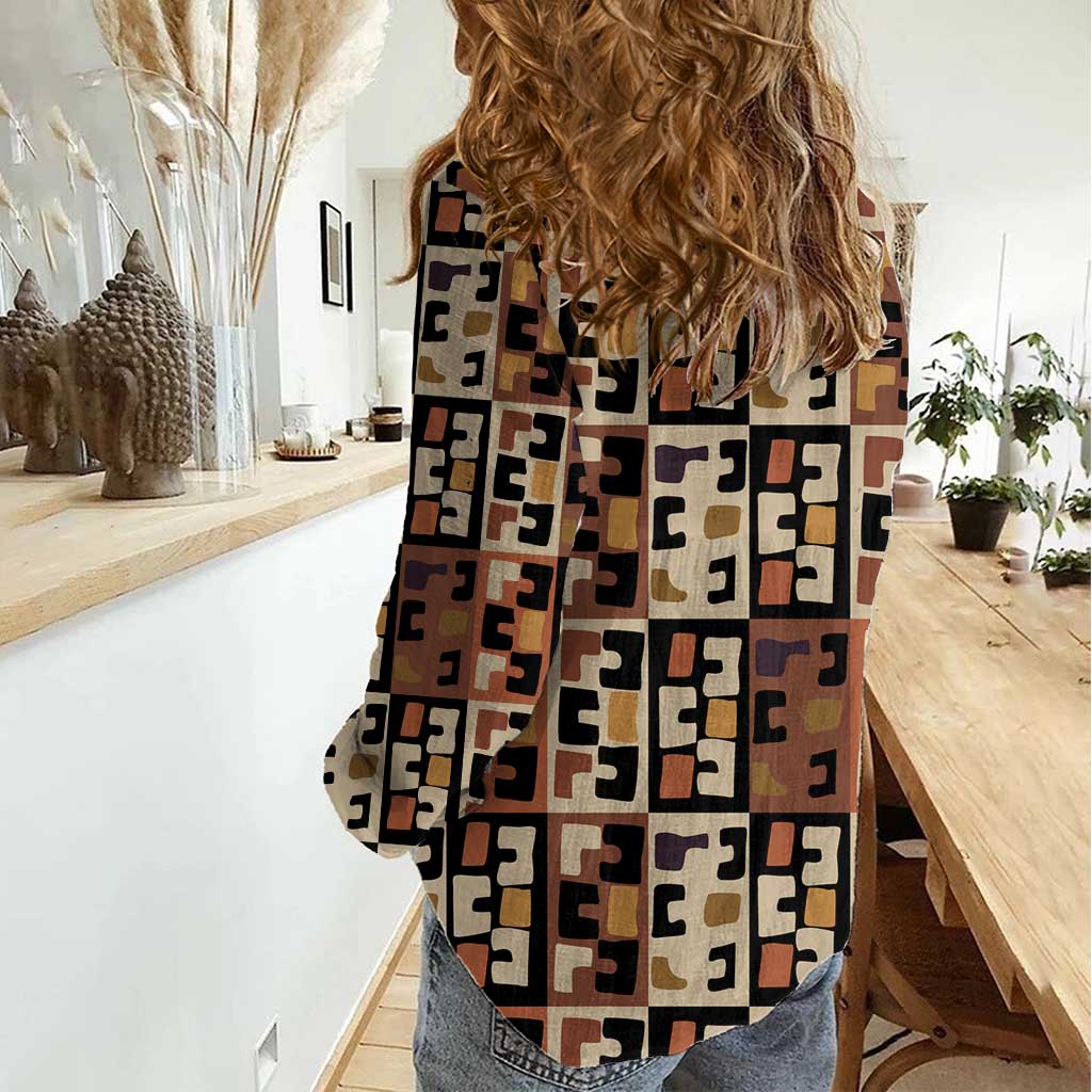 Kuba Flow Women Casual Shirt with Geometric Tribal Blocks and Earth-Tone Mosaic Design - Wonder Print Shop