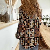 Kuba Flow Women Casual Shirt with Geometric Tribal Blocks and Earth-Tone Mosaic Design - Wonder Print Shop
