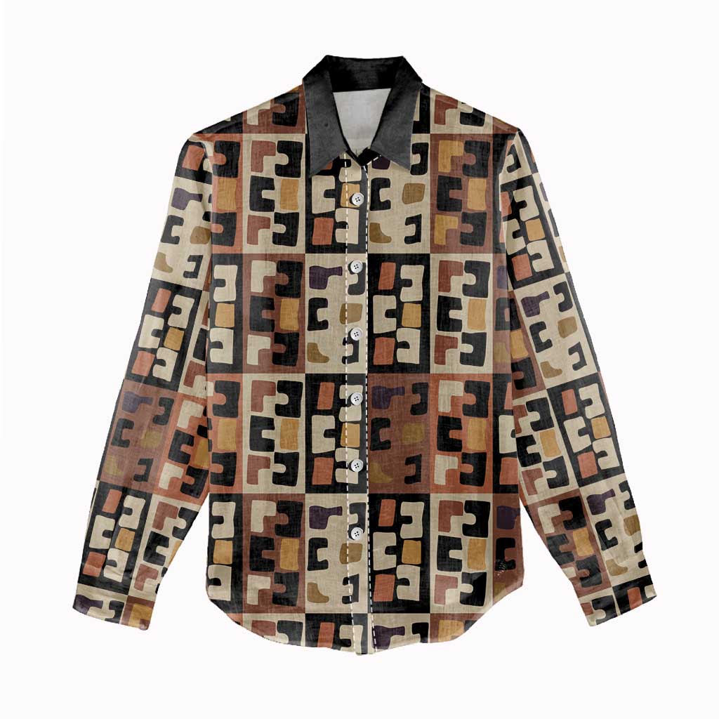 Kuba Flow Women Casual Shirt with Geometric Tribal Blocks and Earth-Tone Mosaic Design - Wonder Print Shop