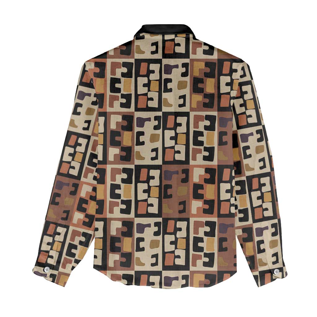 Kuba Flow Women Casual Shirt with Geometric Tribal Blocks and Earth-Tone Mosaic Design - Wonder Print Shop