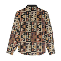 Kuba Flow Women Casual Shirt with Geometric Tribal Blocks and Earth-Tone Mosaic Design - Wonder Print Shop