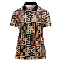 Kuba Flow Women Polo Shirt with Geometric Tribal Blocks and Earth-Tone Mosaic Design - Wonder Print Shop