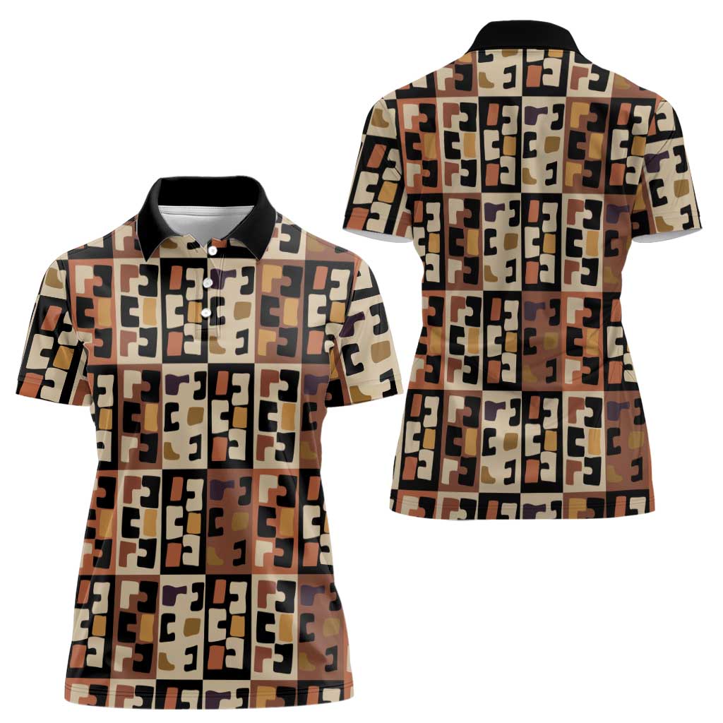 Kuba Flow Women Polo Shirt with Geometric Tribal Blocks and Earth-Tone Mosaic Design - Wonder Print Shop
