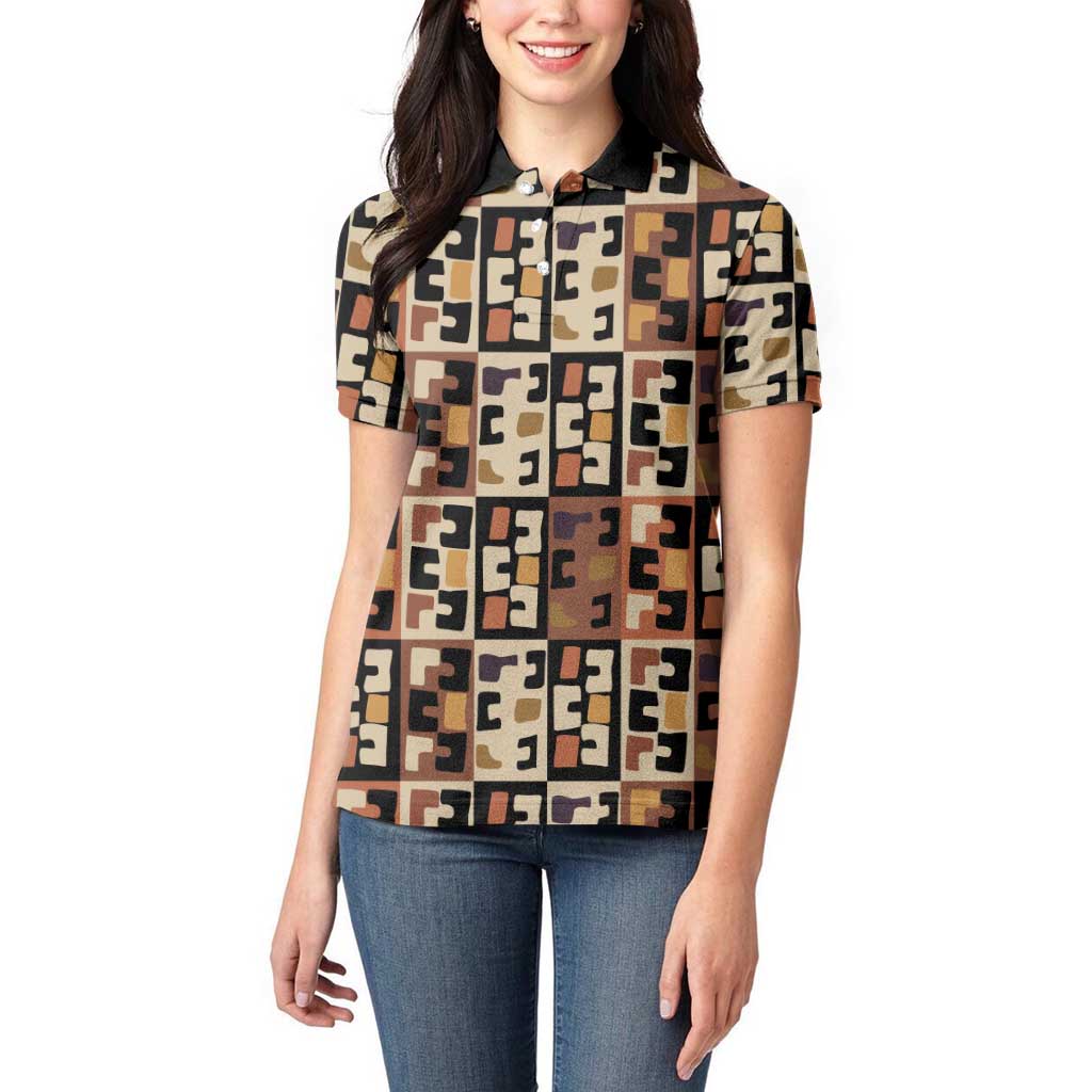 Kuba Flow Women Polo Shirt with Geometric Tribal Blocks and Earth-Tone Mosaic Design - Wonder Print Shop