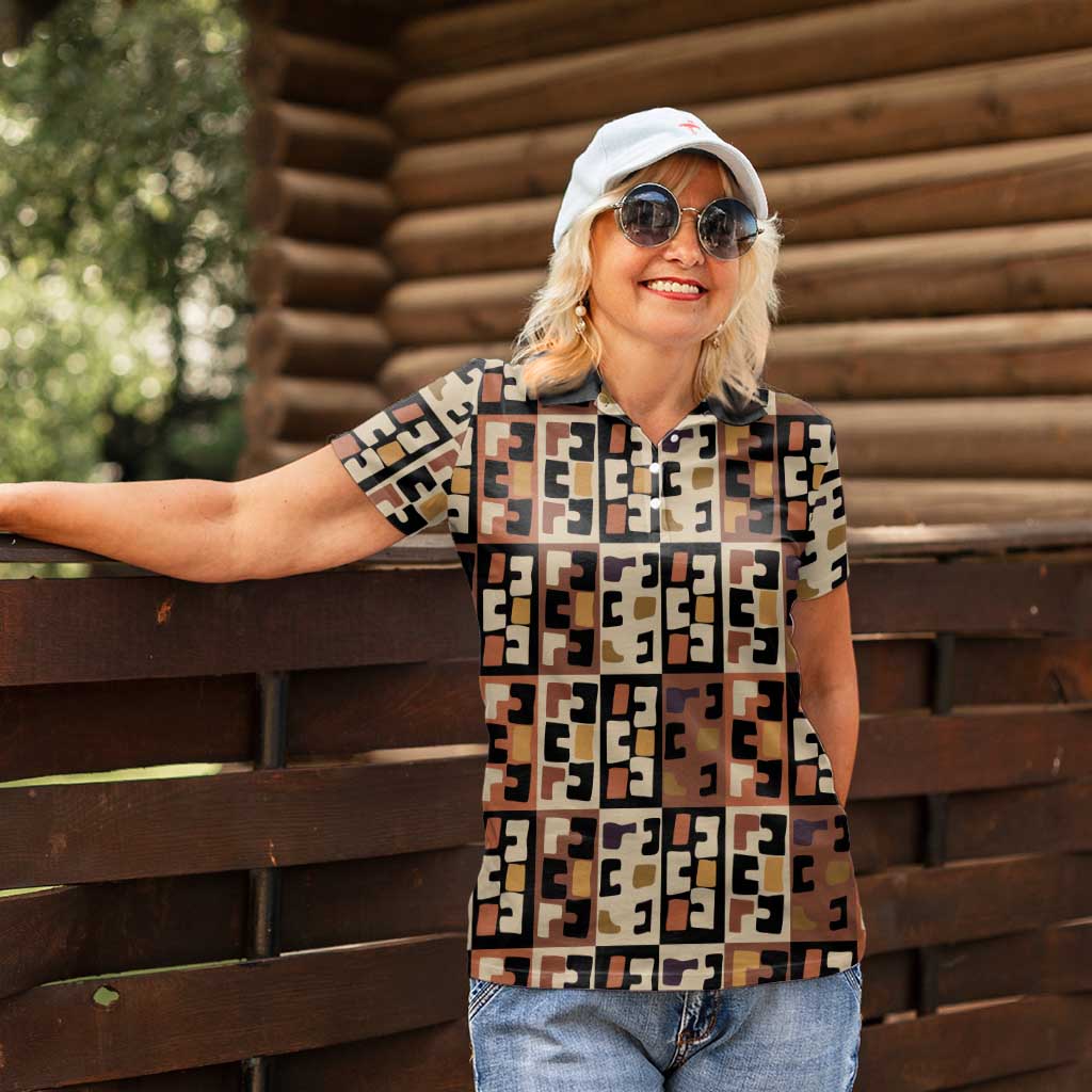 Kuba Flow Women Polo Shirt with Geometric Tribal Blocks and Earth-Tone Mosaic Design - Wonder Print Shop