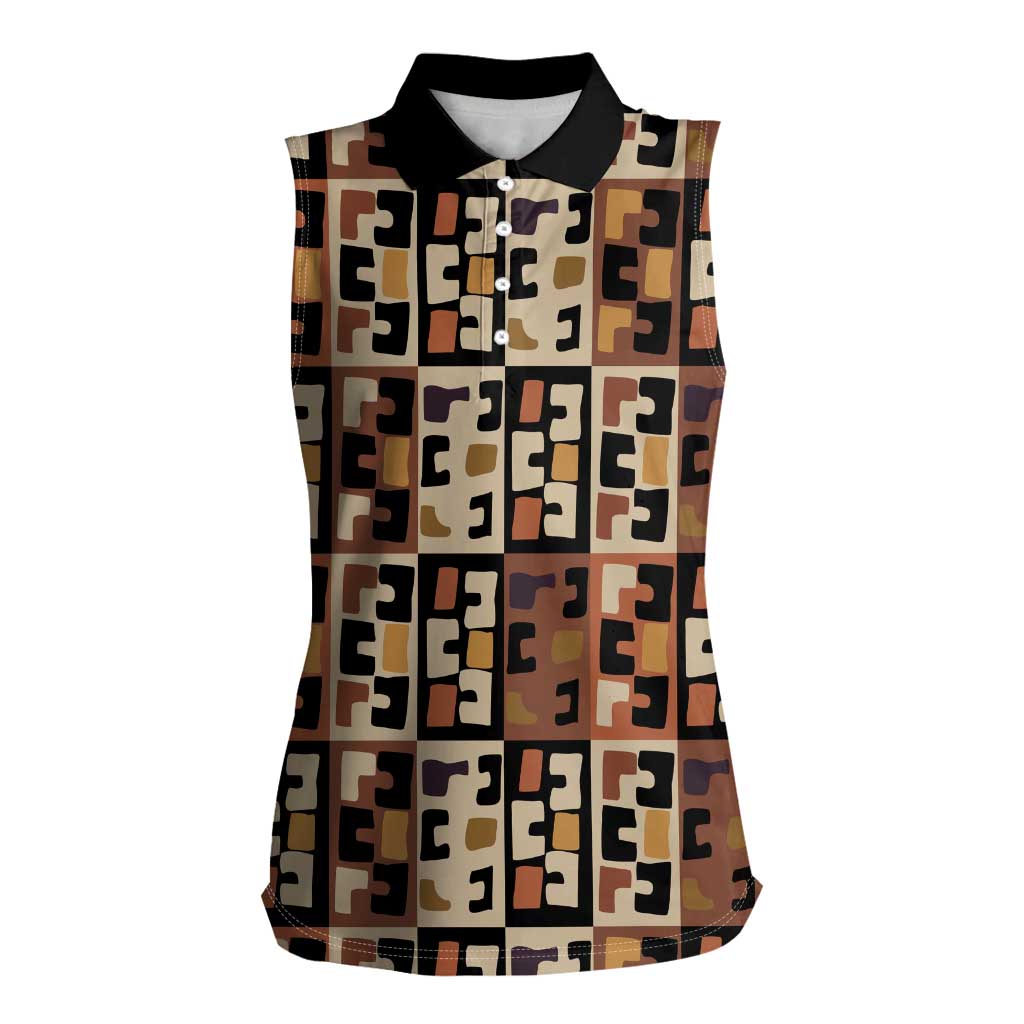Kuba Flow Women Sleeveless Polo Shirt with Geometric Tribal Blocks and Earth-Tone Mosaic Design - Wonder Print Shop