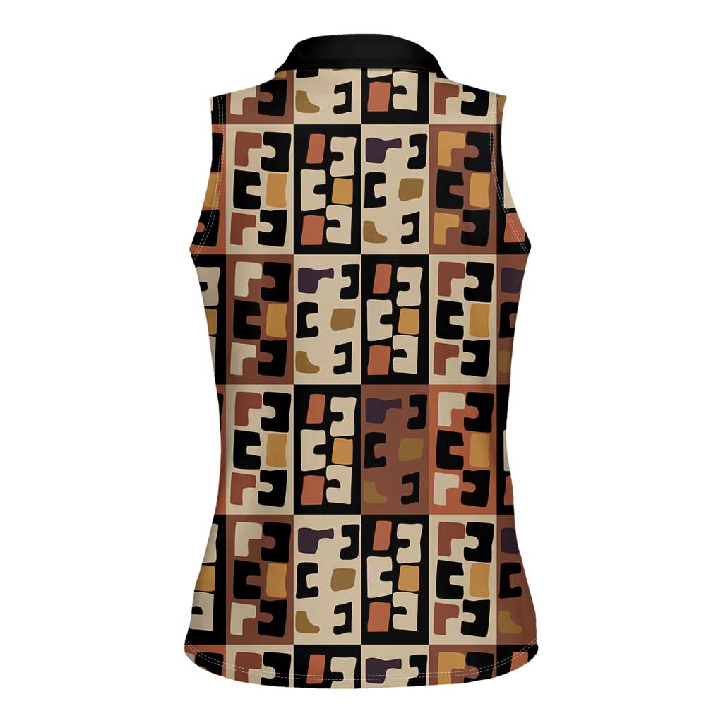Kuba Flow Women Sleeveless Polo Shirt with Geometric Tribal Blocks and Earth-Tone Mosaic Design - Wonder Print Shop