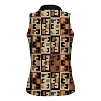 Kuba Flow Women Sleeveless Polo Shirt with Geometric Tribal Blocks and Earth-Tone Mosaic Design - Wonder Print Shop