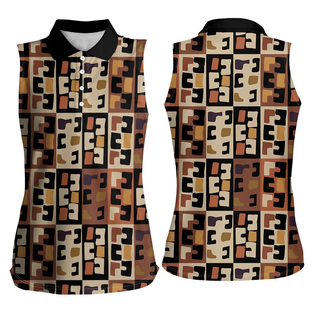 Kuba Flow Women Sleeveless Polo Shirt with Geometric Tribal Blocks and Earth-Tone Mosaic Design - Wonder Print Shop