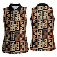 Kuba Flow Women Sleeveless Polo Shirt with Geometric Tribal Blocks and Earth-Tone Mosaic Design - Wonder Print Shop