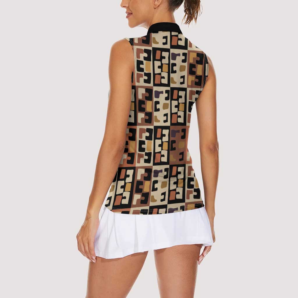 Kuba Flow Women Sleeveless Polo Shirt with Geometric Tribal Blocks and Earth-Tone Mosaic Design - Wonder Print Shop