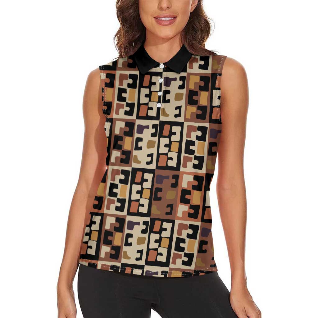 Kuba Flow Women Sleeveless Polo Shirt with Geometric Tribal Blocks and Earth-Tone Mosaic Design - Wonder Print Shop