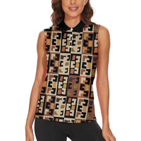 Kuba Flow Women Sleeveless Polo Shirt with Geometric Tribal Blocks and Earth-Tone Mosaic Design - Wonder Print Shop