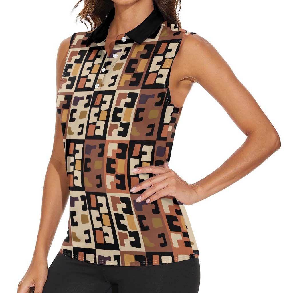 Kuba Flow Women Sleeveless Polo Shirt with Geometric Tribal Blocks and Earth-Tone Mosaic Design - Wonder Print Shop