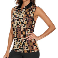 Kuba Flow Women Sleeveless Polo Shirt with Geometric Tribal Blocks and Earth-Tone Mosaic Design - Wonder Print Shop