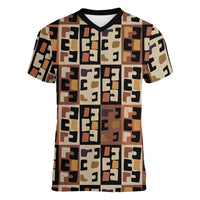 Kuba Flow Women V-Neck T-Shirt with Geometric Tribal Blocks and Earth-Tone Mosaic Design - Wonder Print Shop