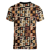 Kuba Flow Women V-Neck T-Shirt with Geometric Tribal Blocks and Earth-Tone Mosaic Design - Wonder Print Shop