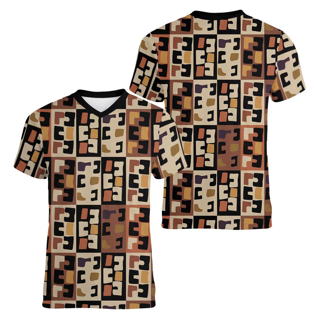 Kuba Flow Women V-Neck T-Shirt with Geometric Tribal Blocks and Earth-Tone Mosaic Design - Wonder Print Shop