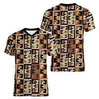 Kuba Flow Women V-Neck T-Shirt with Geometric Tribal Blocks and Earth-Tone Mosaic Design - Wonder Print Shop
