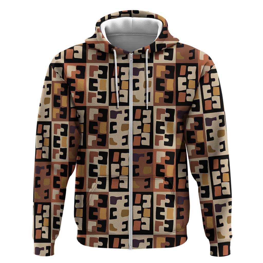 Kuba Flow Zip Hoodie with Geometric Tribal Blocks and Earth-Tone Mosaic Design - Wonder Print Shop