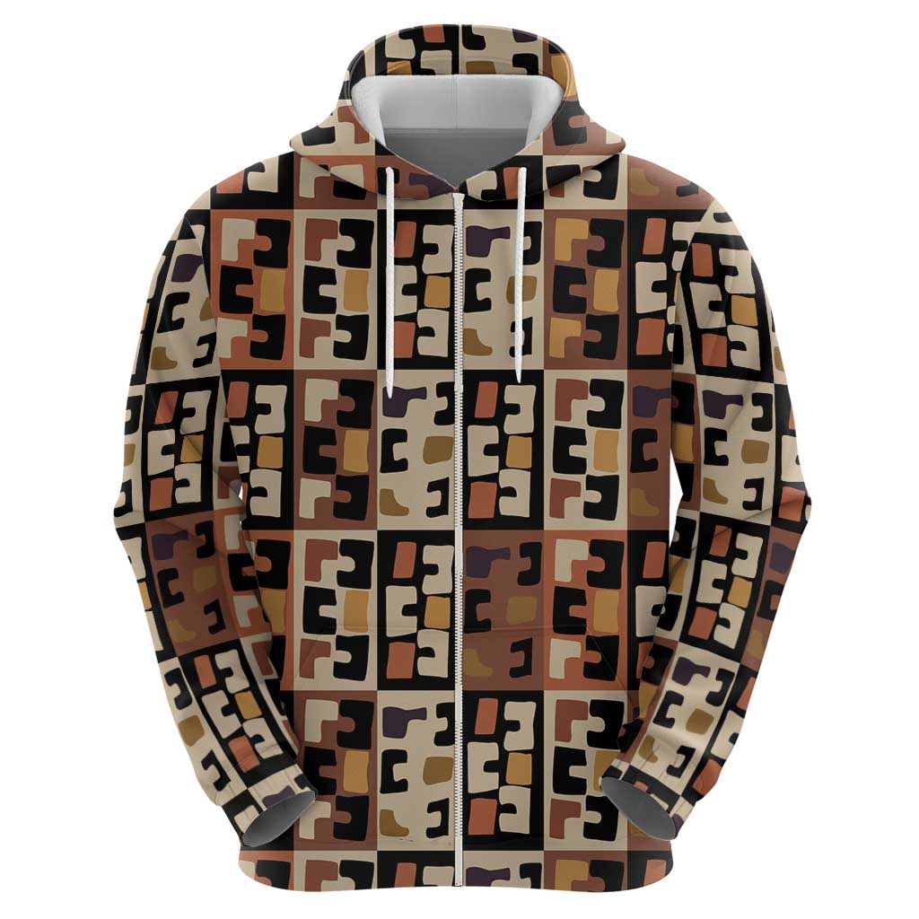 Kuba Flow Zip Hoodie with Geometric Tribal Blocks and Earth-Tone Mosaic Design - Wonder Print Shop