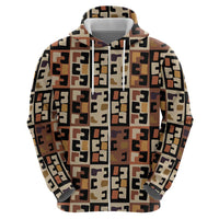 Kuba Flow Zip Hoodie with Geometric Tribal Blocks and Earth-Tone Mosaic Design - Wonder Print Shop