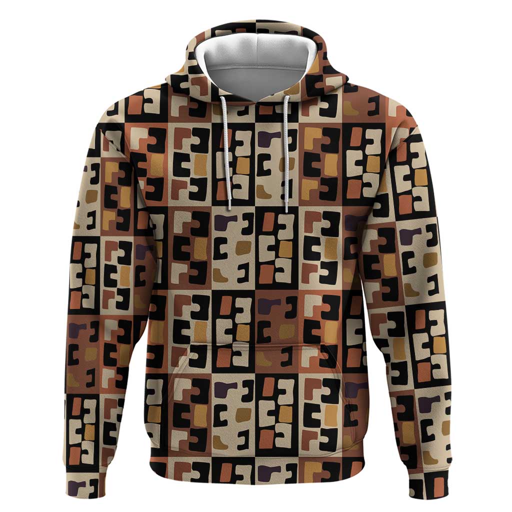 Kuba Flow Zip Hoodie with Geometric Tribal Blocks and Earth-Tone Mosaic Design - Wonder Print Shop